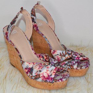 BP Floral Cross Twist Open Toe Cork Wedge Sandals